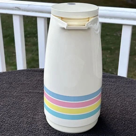 Vintage 1980s THERMOS Vacuum Insulated Carafe #790, Rainbow Stripe, West Germany - Picture 4 of 9